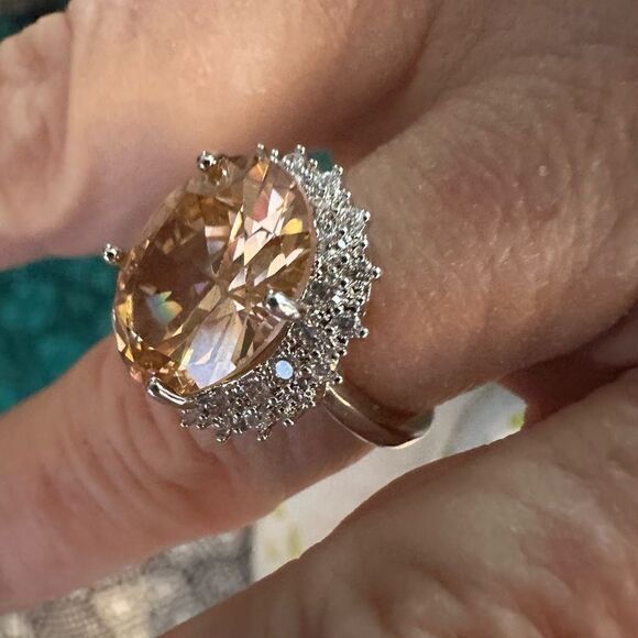 11CT ROUND MORGANITE RING W CZ DIAMONDS CIRCLING - Picture 4 of 11